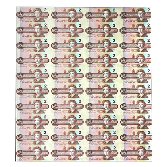 1986 Canada $2 EGU Prefix Uncut Sheet of 40 Notes - 4x10 Format