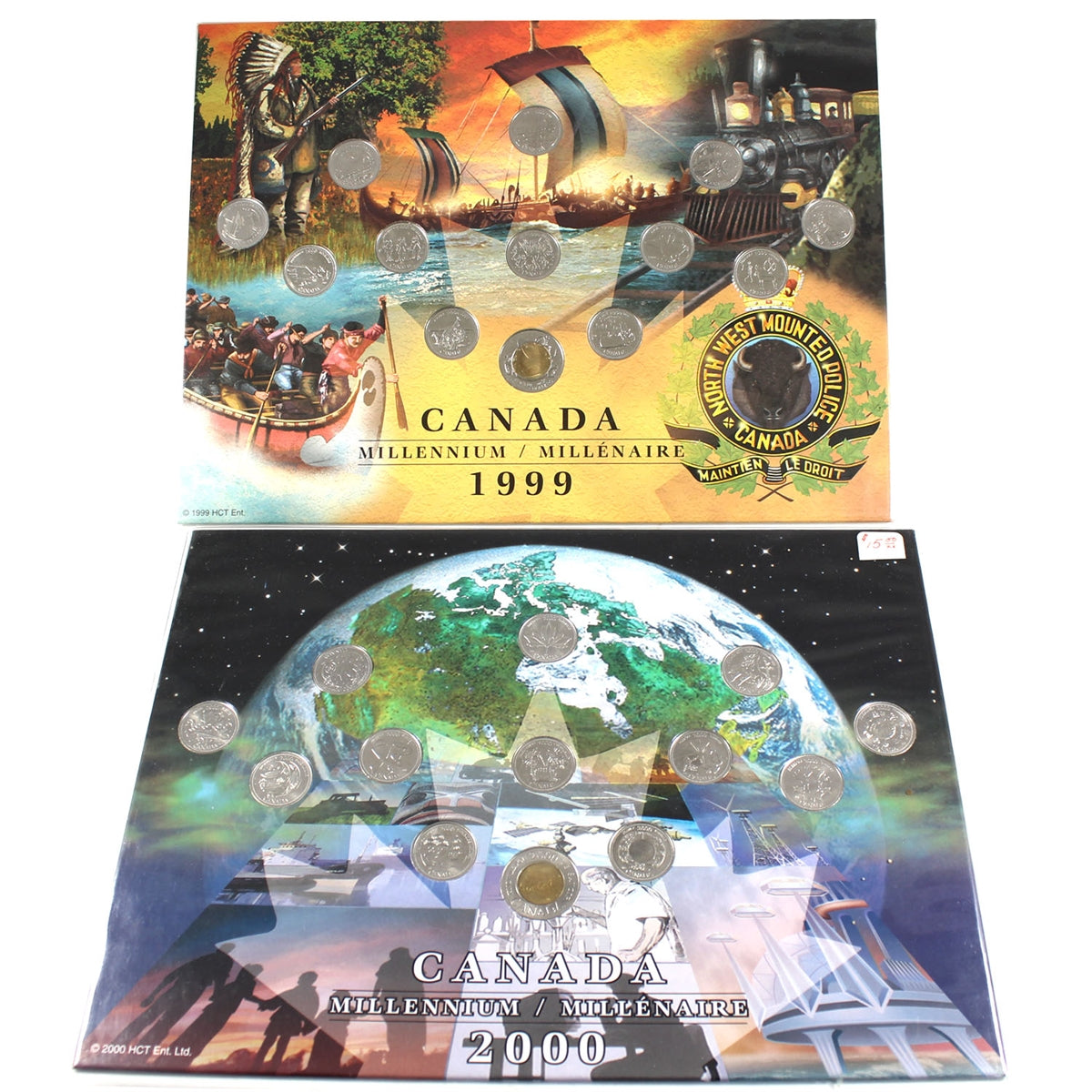 Pair of 1999 & 2000 Canada 13-coin Millennium 25-cent & Two Dollar Map Boards, 2Pcs