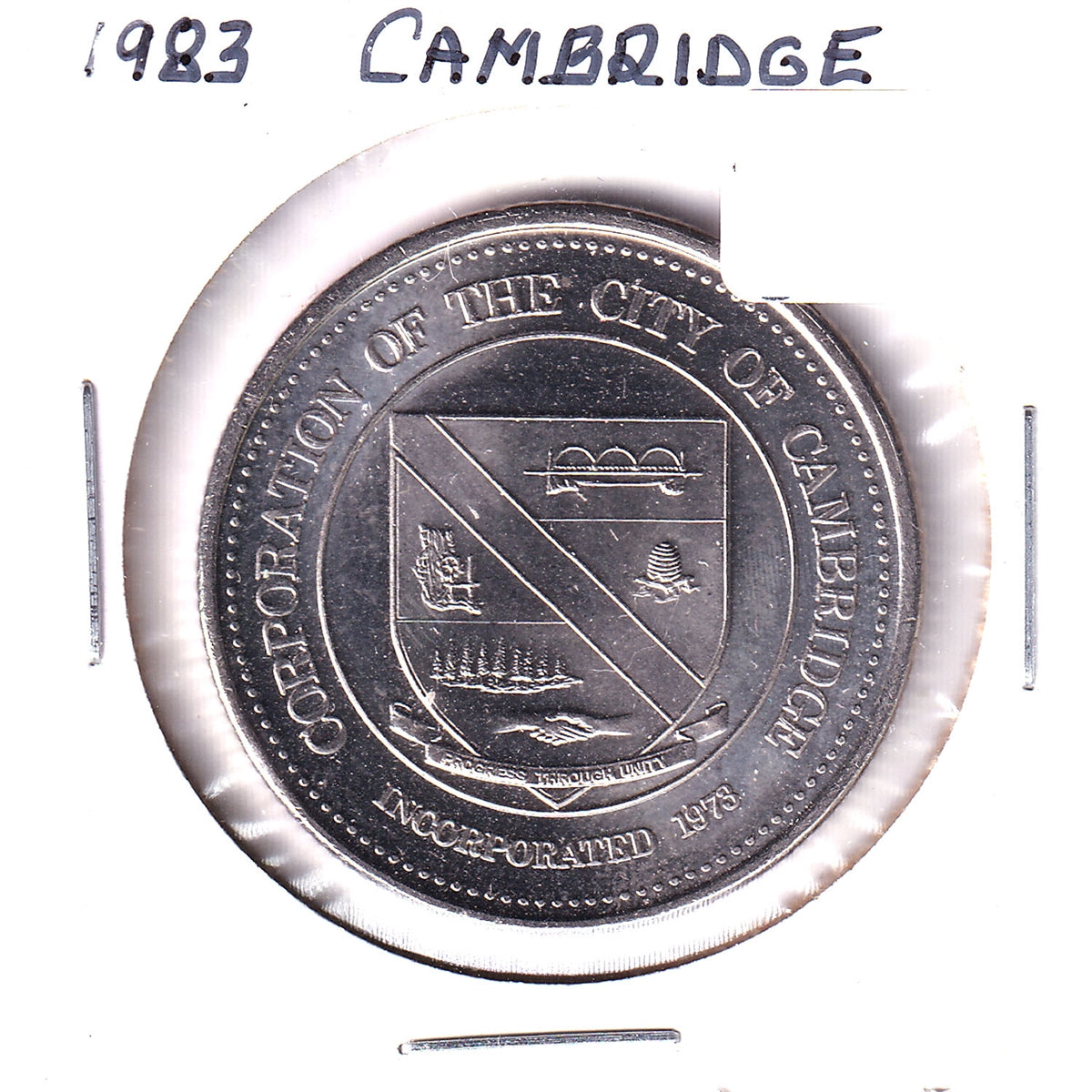 1983 Cambridge, ON, 10th Anniversary of Incorporation Trade Dollar Token w/Bagpiper