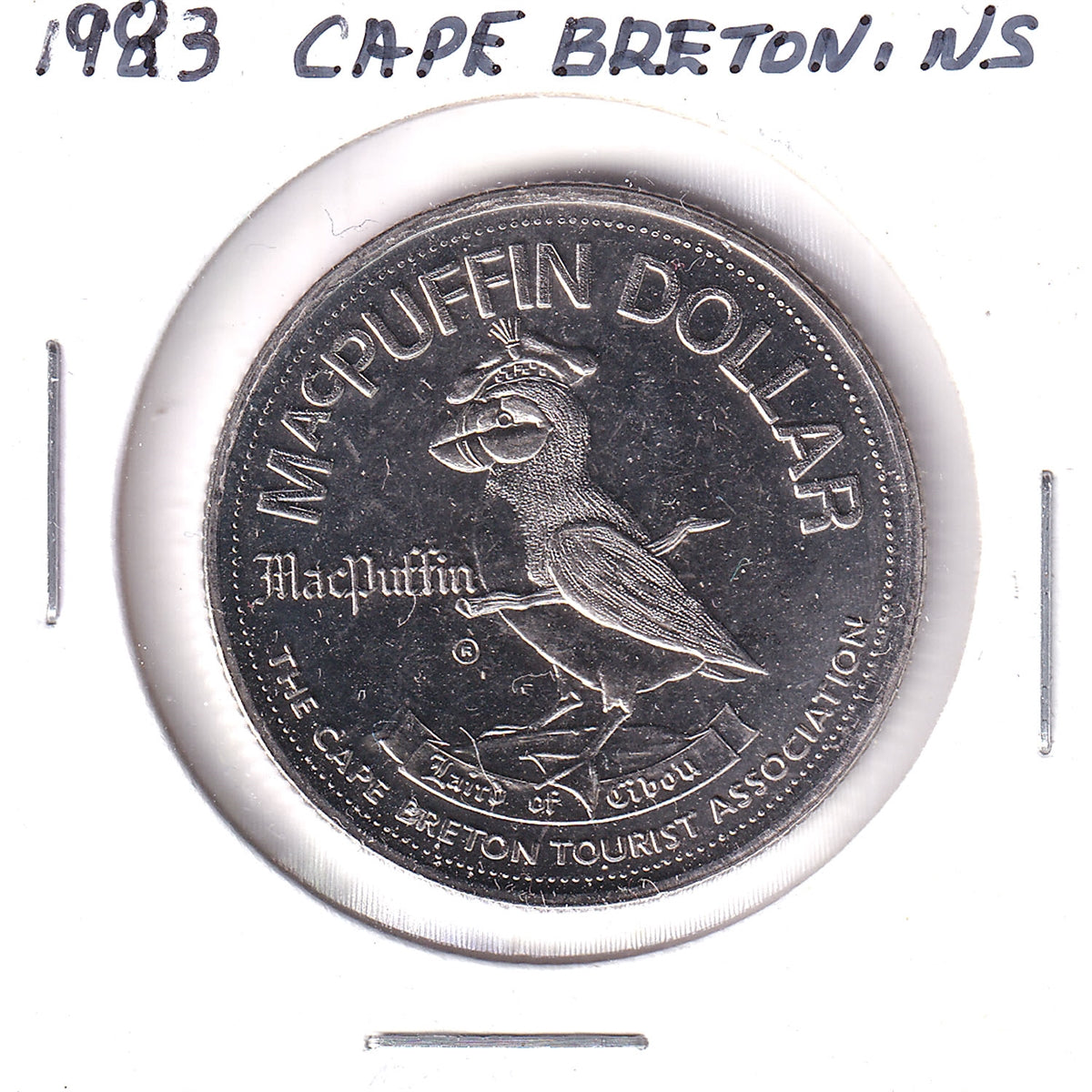 1983 Cape Breton, Nova Scotia, MacPuffin Dollar Trade Token: Intl Gathering of Clans