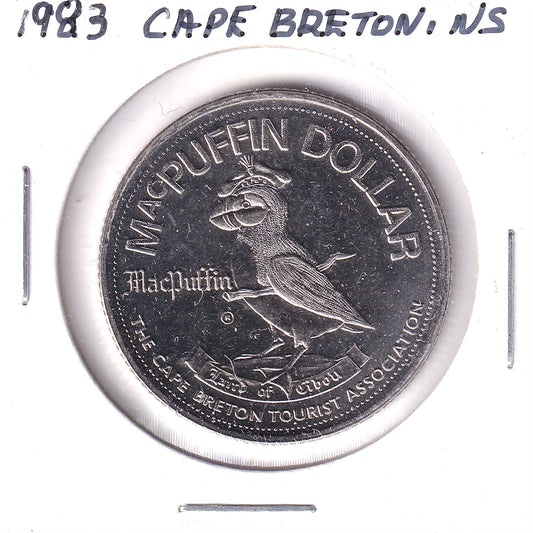 1983 Cape Breton, Nova Scotia, MacPuffin Dollar Trade Token: Intl Gathering of Clans