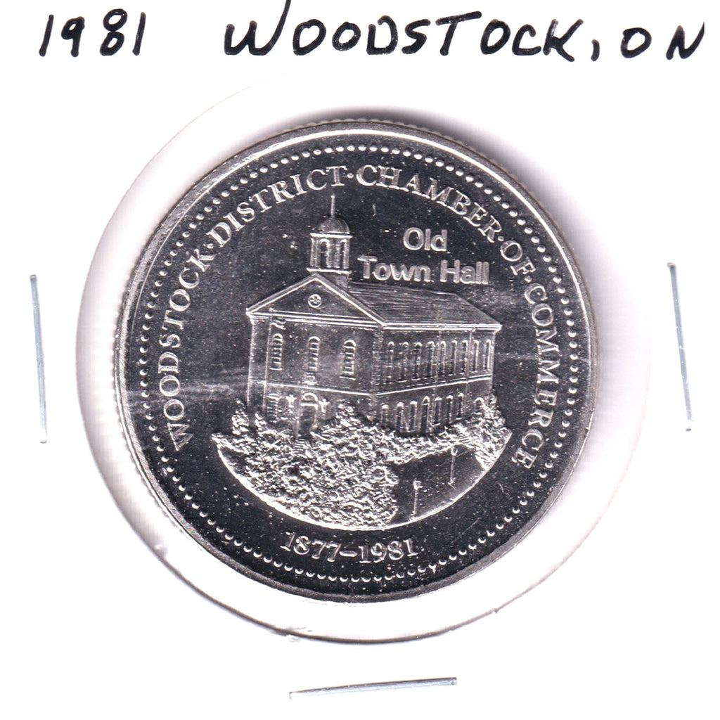 1981 Woodstock, ON, Dairy County Dollar Trade Token: Old Town Hall