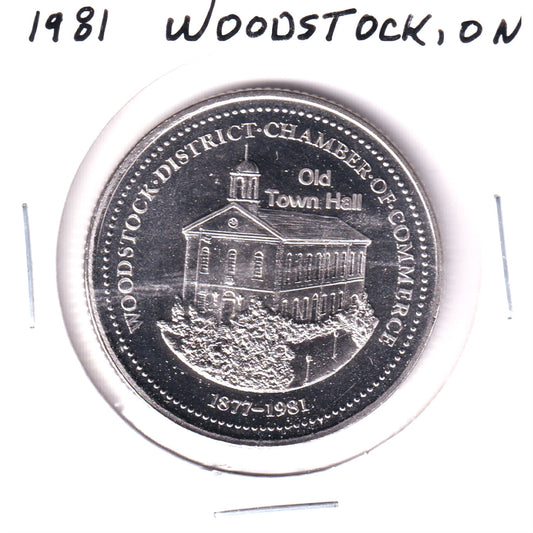 1981 Woodstock, ON, Dairy County Dollar Trade Token: Old Town Hall