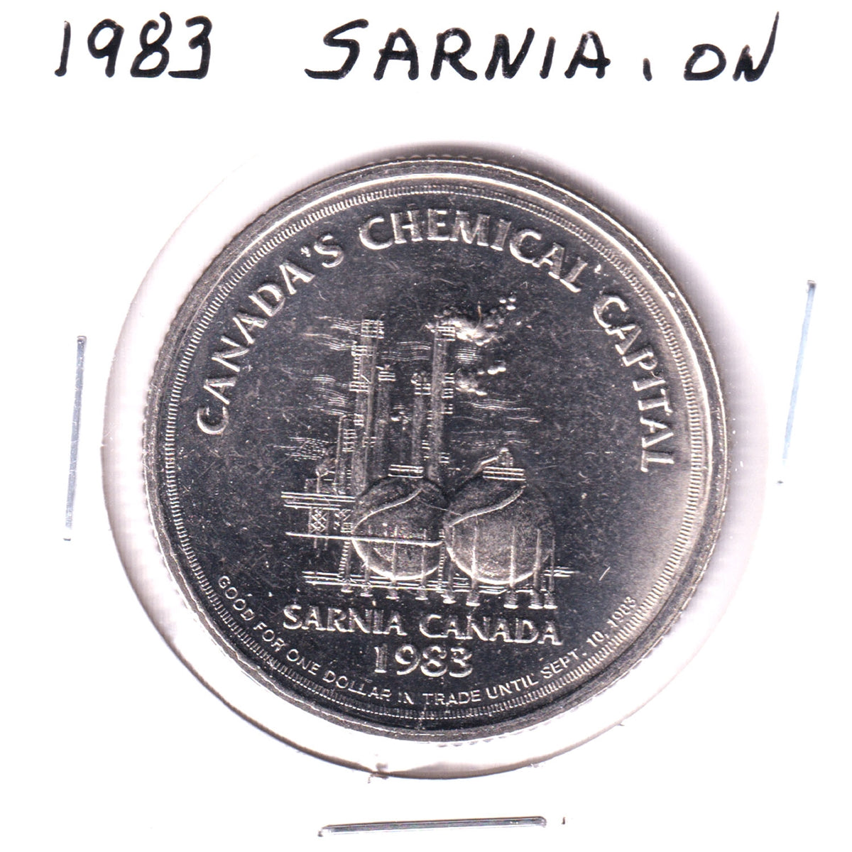 1983 Sarnia, ON, Trade Dollar Token: Sarnia's First Refinery, Bushnell Refinery