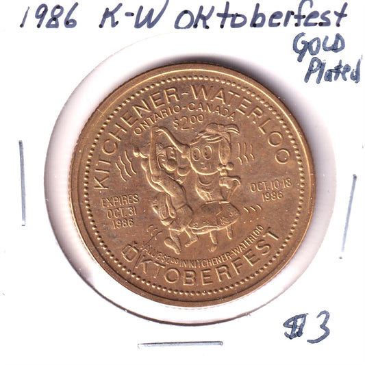 1986 K-W Oktoberfest $2 Trade Token: West Montrose Kissing Bridge (Minor corrosion)