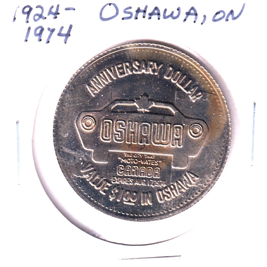 1974 Oshawa Golden Anniversary Trade Dollar: The City that Moto-vates (May have spot)