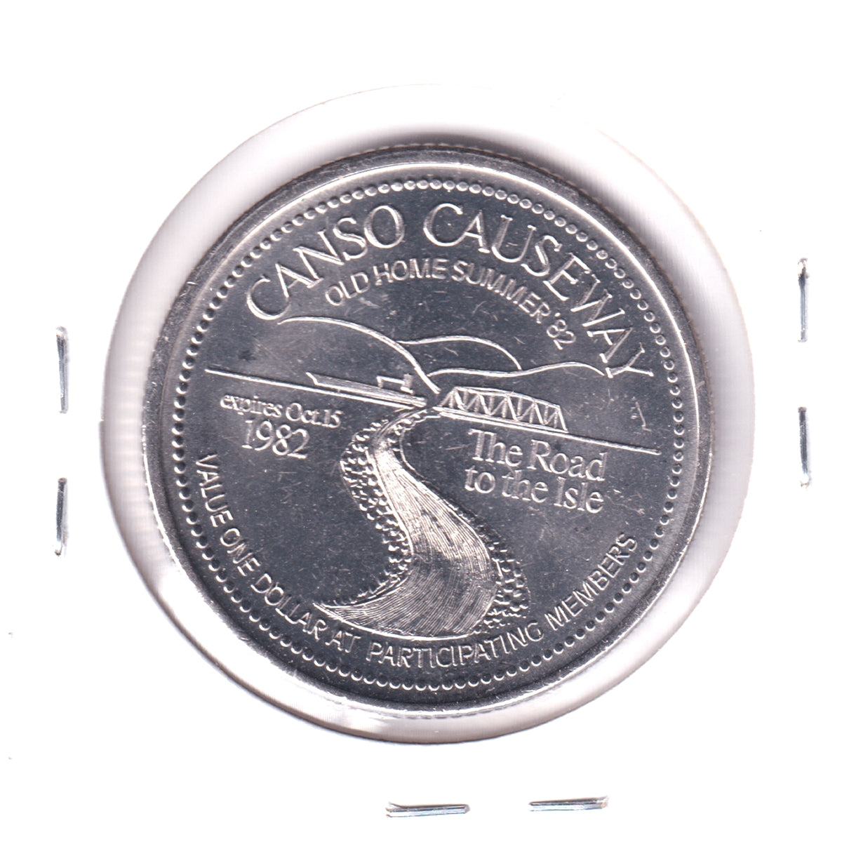1982 Cape Breton, NS, MacPuffin Dollar Trade Token: Canso Causeway