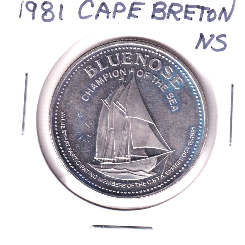1981 Cape Breton, Nova Scotia, MacPuffin Dollar Token: Bluenose, Champion of the Sea