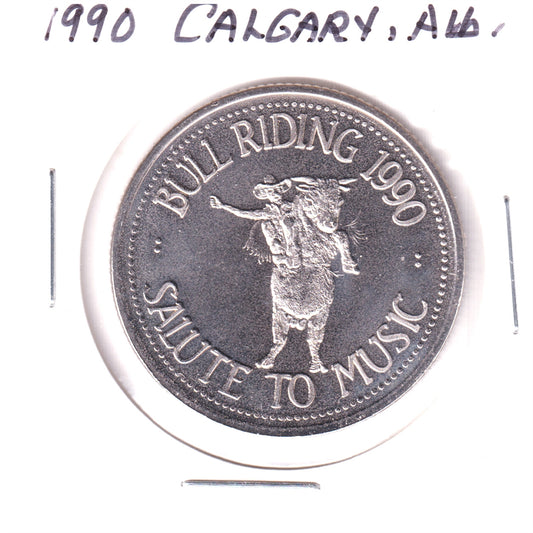 1990 Calgary Stampede Souvenir Dollar Trade Token: Bull Riding & Salute to Music