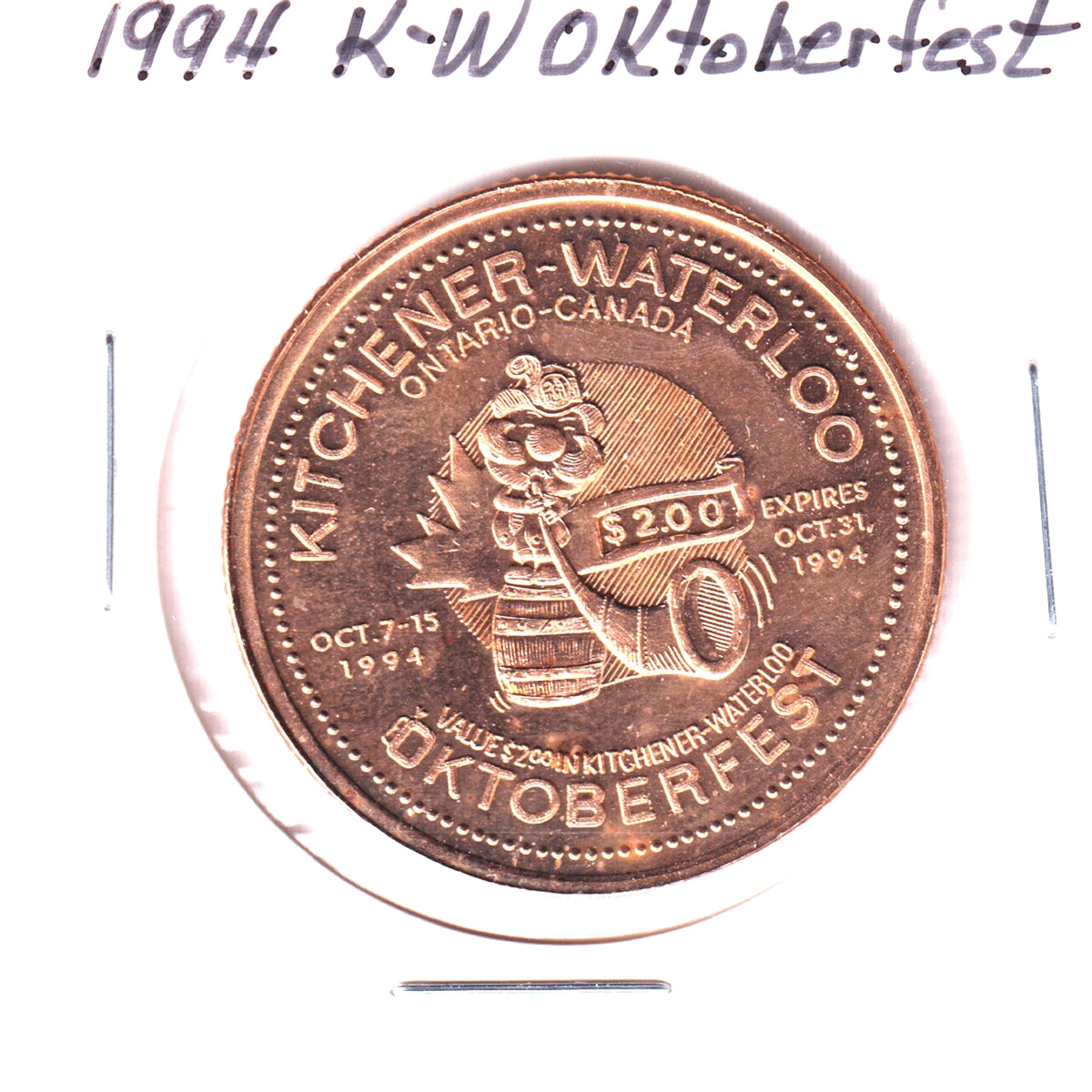 1994 Kitchener-Waterloo Oktoberfest $2 Trade Token: 40 Years of Hunting & Fishing Club