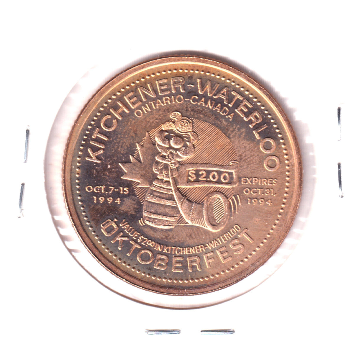 1994 Kitchener-Waterloo Oktoberfest $2 Trade Token: 40 Years of Hunting & Fishing Club