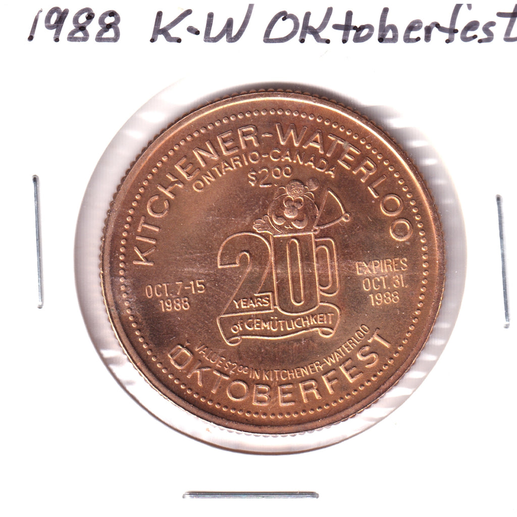 1988 K-W Oktoberfest 20th Ann. $2 Trade Token: Doon Heritage Crossroads (May be toned)