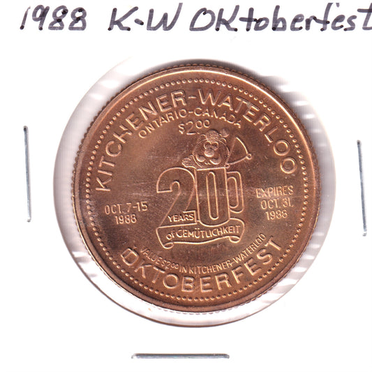 1988 K-W Oktoberfest 20th Ann. $2 Trade Token: Doon Heritage Crossroads (May be toned)