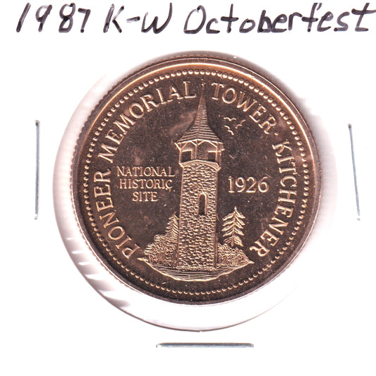 1987 Gold Plated K-W Oktoberfest $2 Trade Dollar Token: Pioneer Memorial Tower, Kitchener