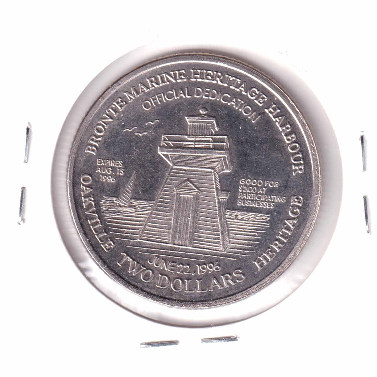 1996 Oakville, ON, $2 Trade Token: Bronte Marine Heritage Harbour Official Dedication