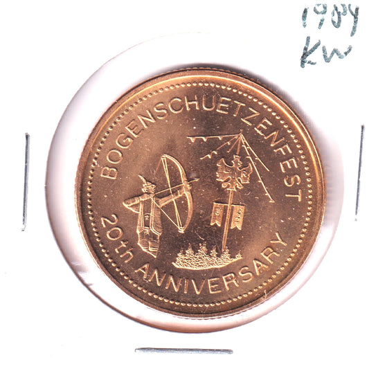 1989 Gold Plated K-W Oktoberfest $2 Trade Token: Bogenschuetzenfest 20th Anniversary