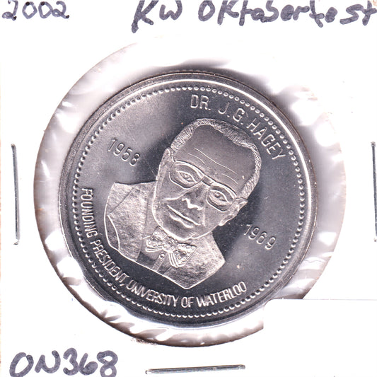 2002 Kitchener-Waterloo Oktoberfest $2 Trade Token: Dr. JG Hagey, 1st President of UW