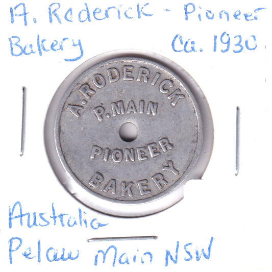 Circa 1930 Australia Token: A. Roderick Pioneer Bakery, Pelaw Main, NSW - One Loaf