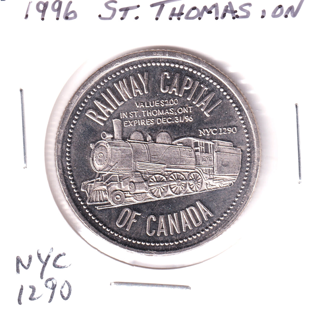 1996 St. Thomas, ON, $2 Trade Token: Railway Capital of Canada / City Hall