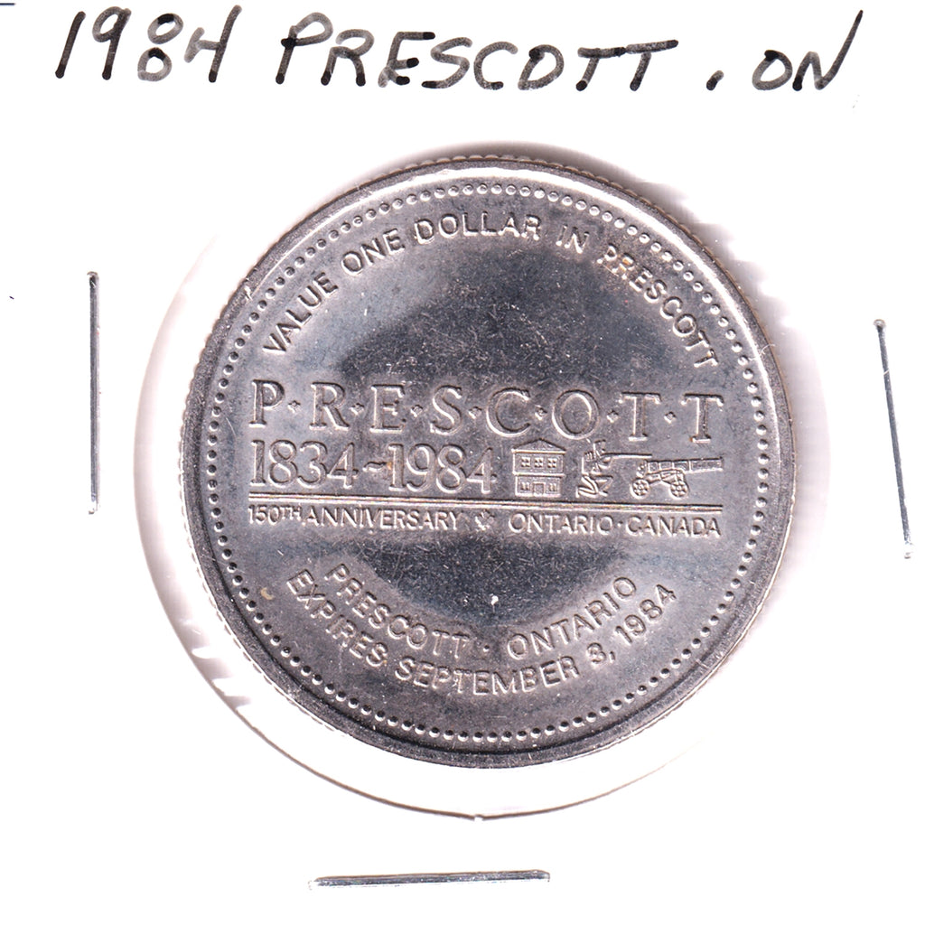 1984 Prescott, ON, 150th Anniversary Trade Dollar Token: Industry & Commerce Enlighten