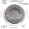 1993 London, Ontario, $2 Trade Token: John Graves Simcoe & Courthouse