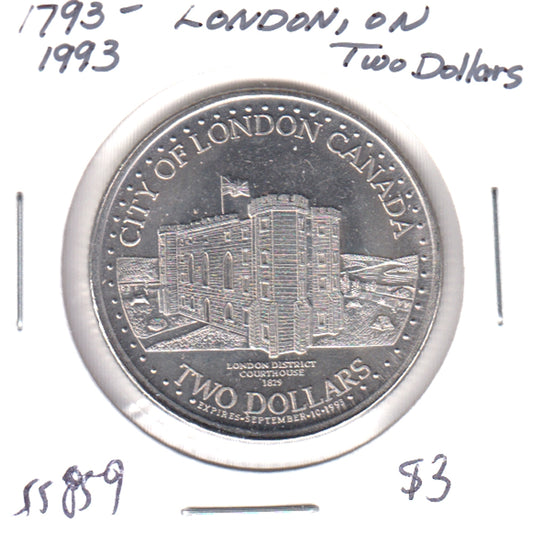 1993 London, Ontario, $2 Trade Token: John Graves Simcoe & Courthouse