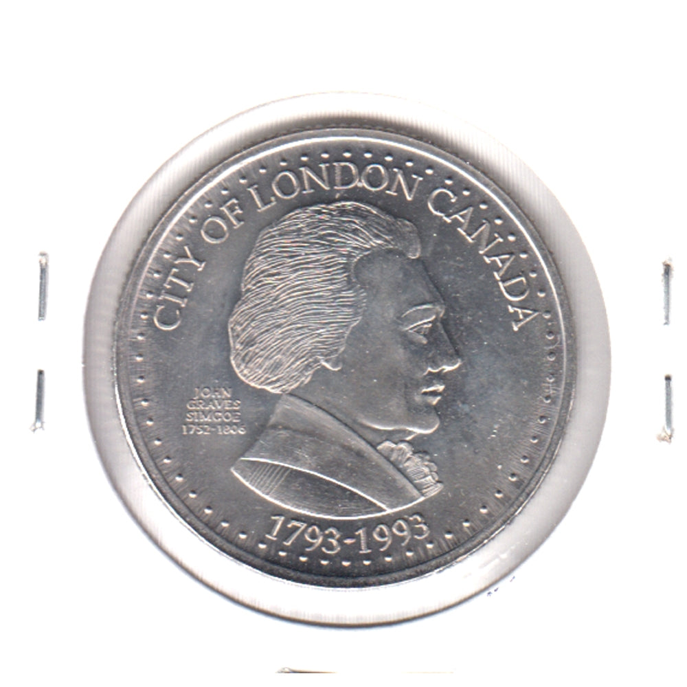 1993 London, Ontario, $2 Trade Token: John Graves Simcoe & Courthouse