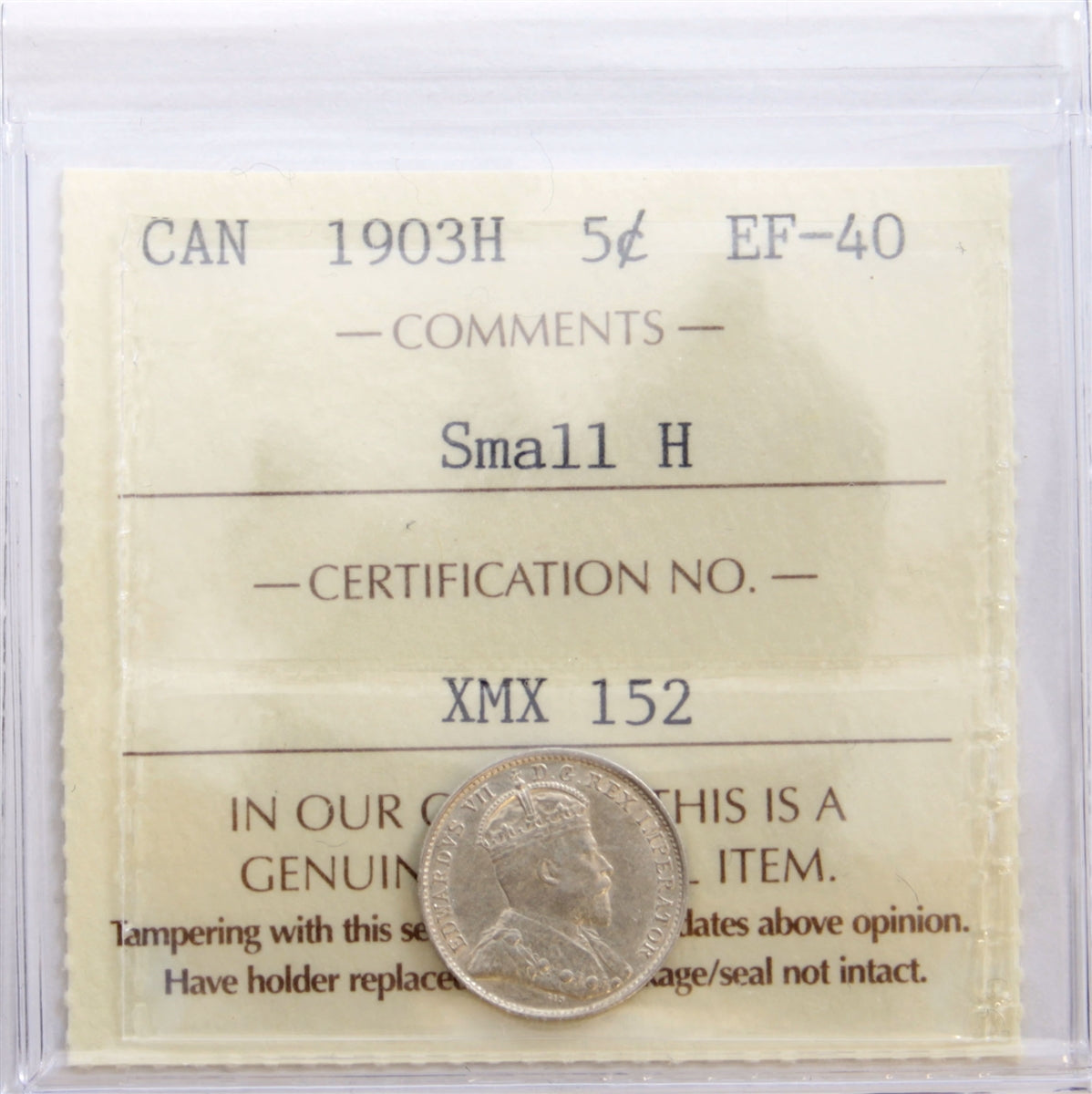 1903H Small H Canada 5-cents ICCS Certified EF40