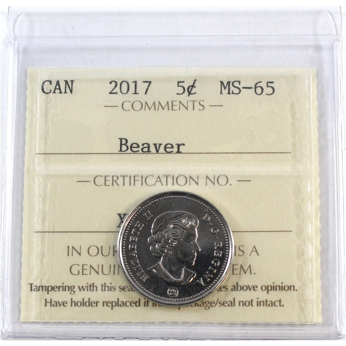 2017 Beaver Canada 5-cents ICCS Certified MS65