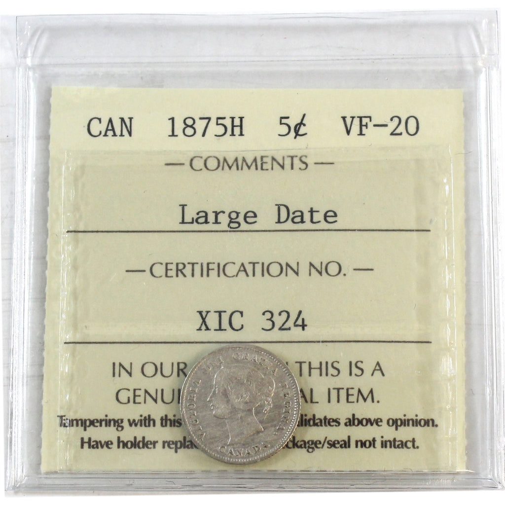 1875H Large Date Canada 5-cents ICCS Certified VF20