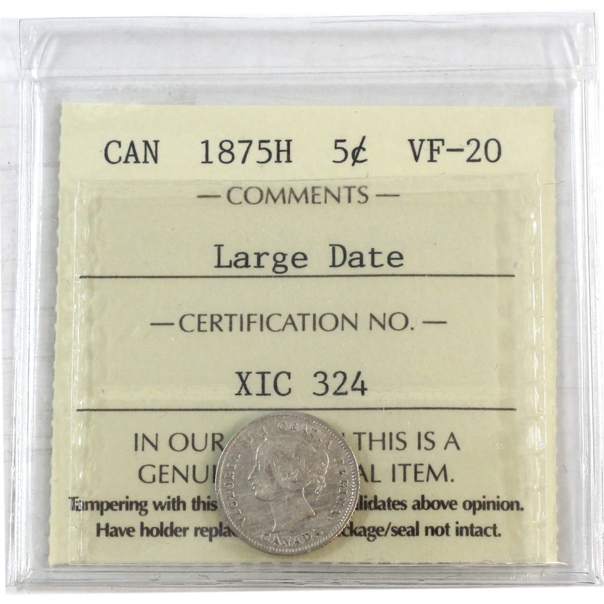 1875H Large Date Canada 5-cents ICCS Certified VF20