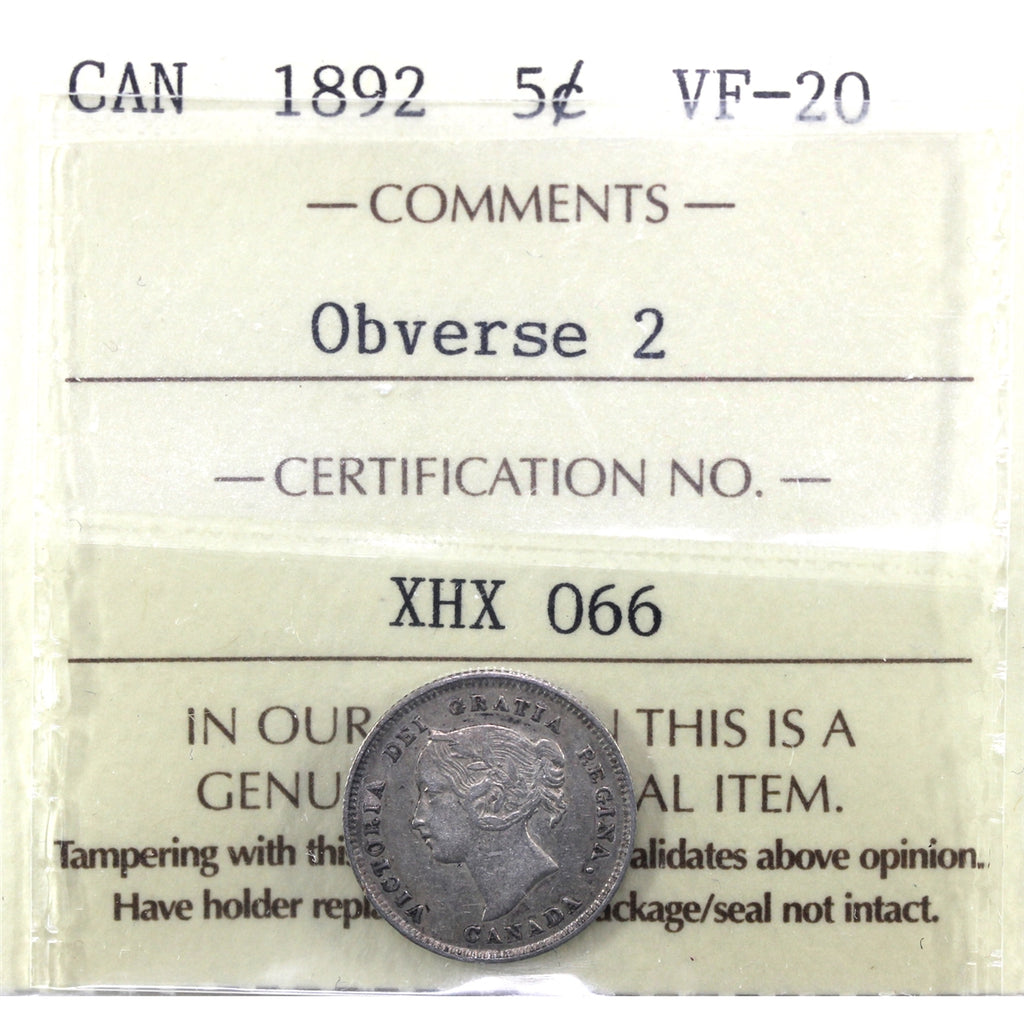 1892 Obv. 2 Canada 5-cents ICCS Certified VF20