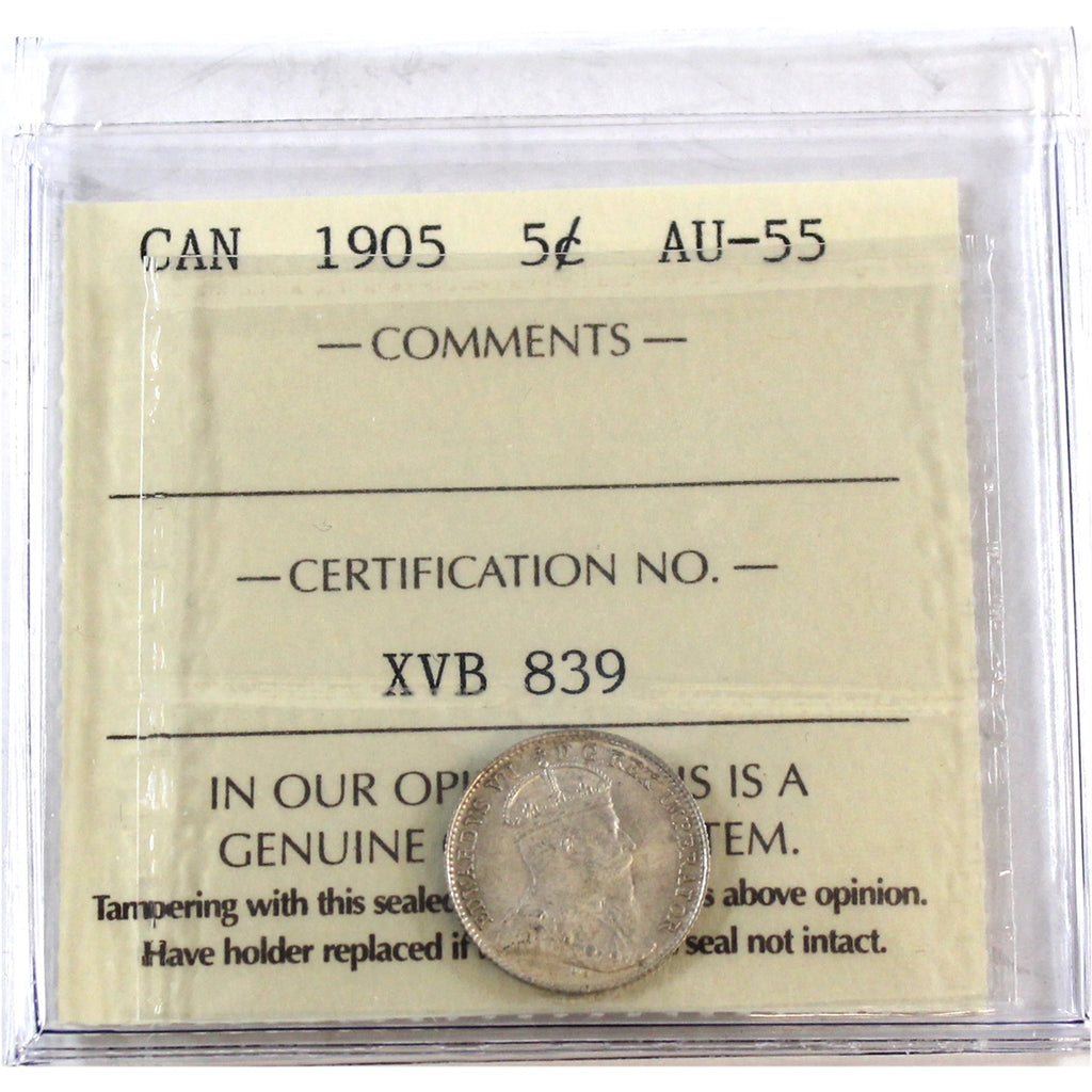 1905 Canada 5-cents ICCS Certified AU55