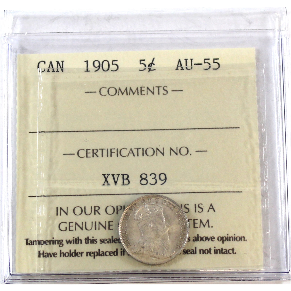 1905 Canada 5-cents ICCS Certified AU55