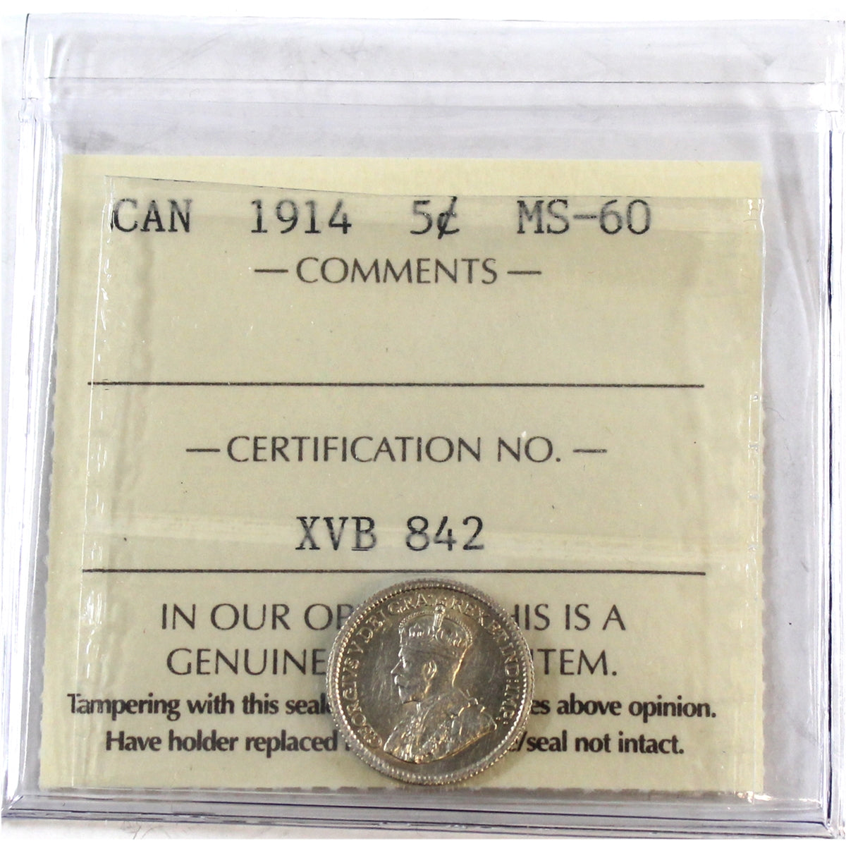 1914 Canada 5-cents ICCS Certified MS60