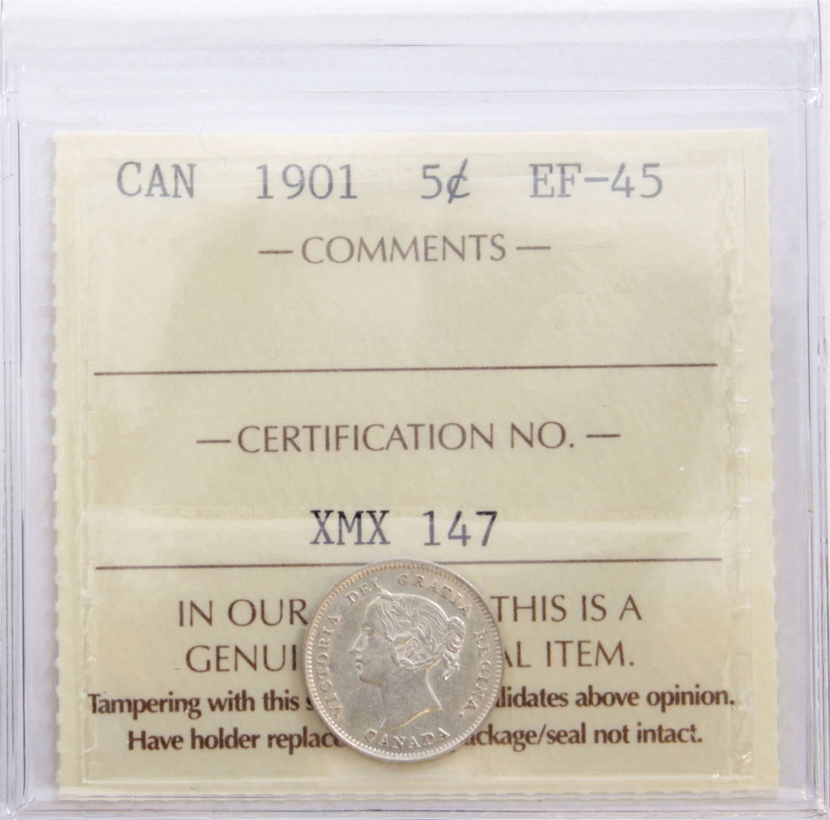 1901 Canada 5-cents ICCS Certified EF45