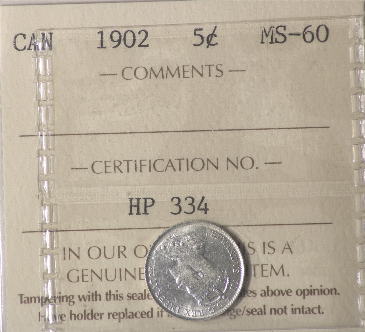 1902 Canada 5-cents ICCS Certified MS60