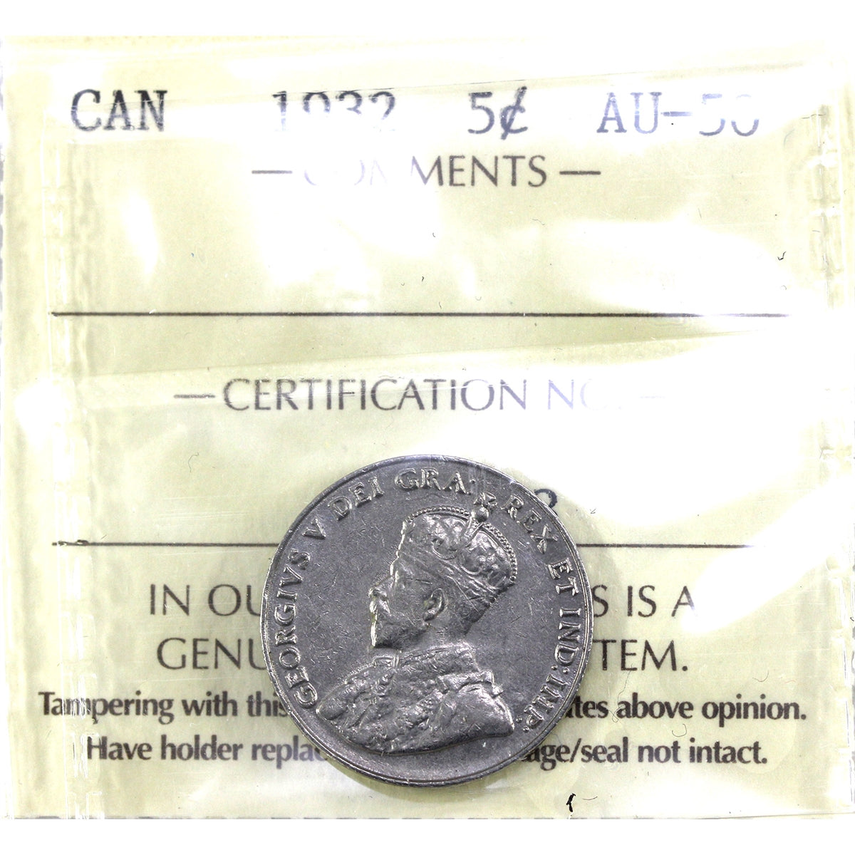 1932 Near 2 Canada 5-cents ICCS Certified AU50