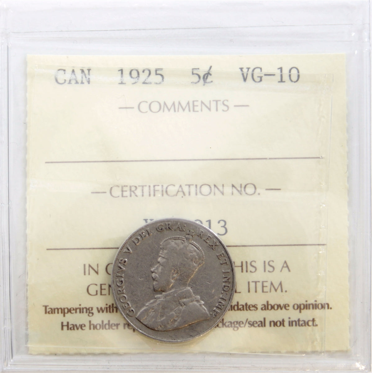 1925 Canada 5-cents ICCS Certified VG10