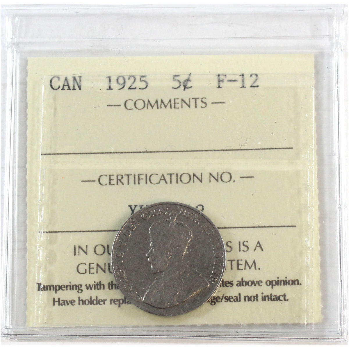 1925 Canada 5-cents ICCS Certified F12