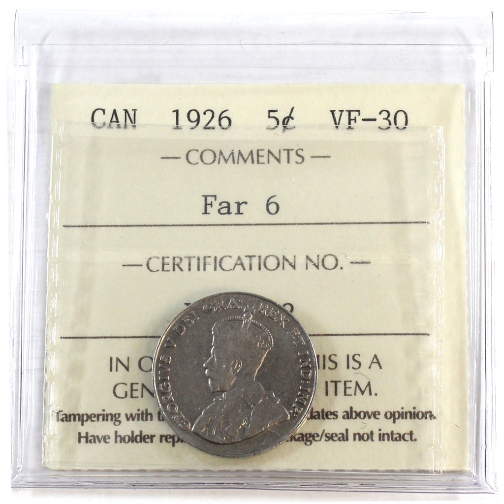 1926 Far 6 Canada 5-cents ICCS Certified VF30