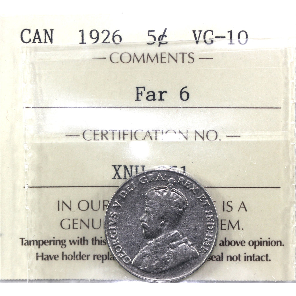 1926 Far 6 Canada 5-cents ICCS Certified VG10
