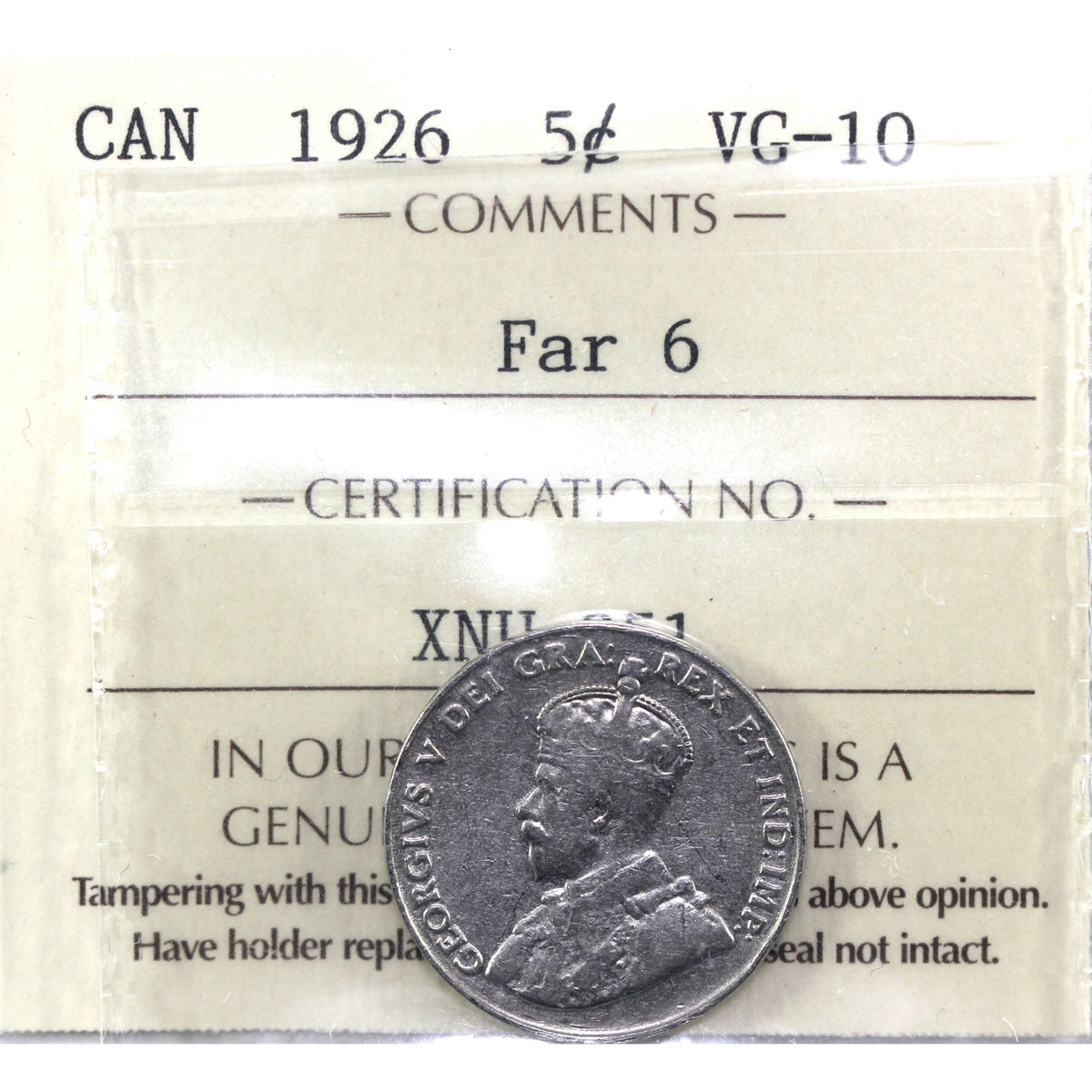 1926 Far 6 Canada 5-cents ICCS Certified VG10