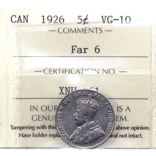 1926 Far 6 Canada 5-cents ICCS Certified VG10