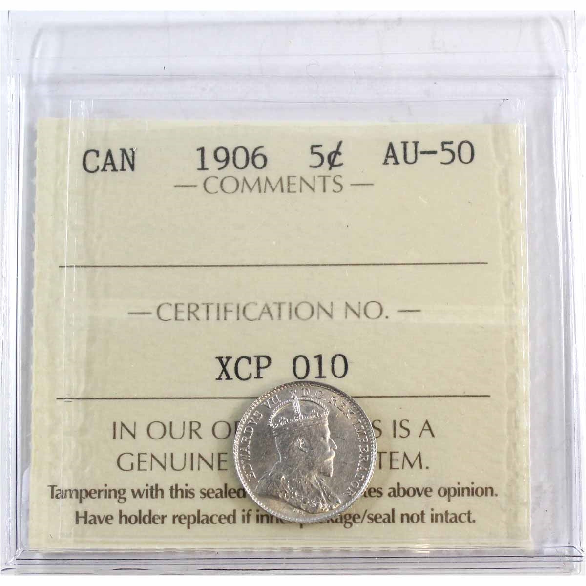 1906 Canada 5-cents ICCS Certified AU50