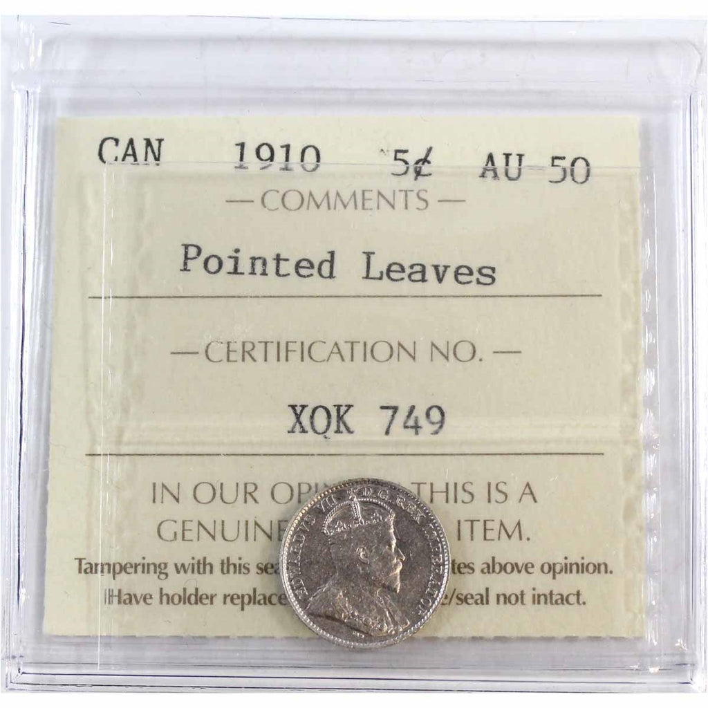 1910 Pointed Leaves Canada 5-cents ICCS Certified AU50