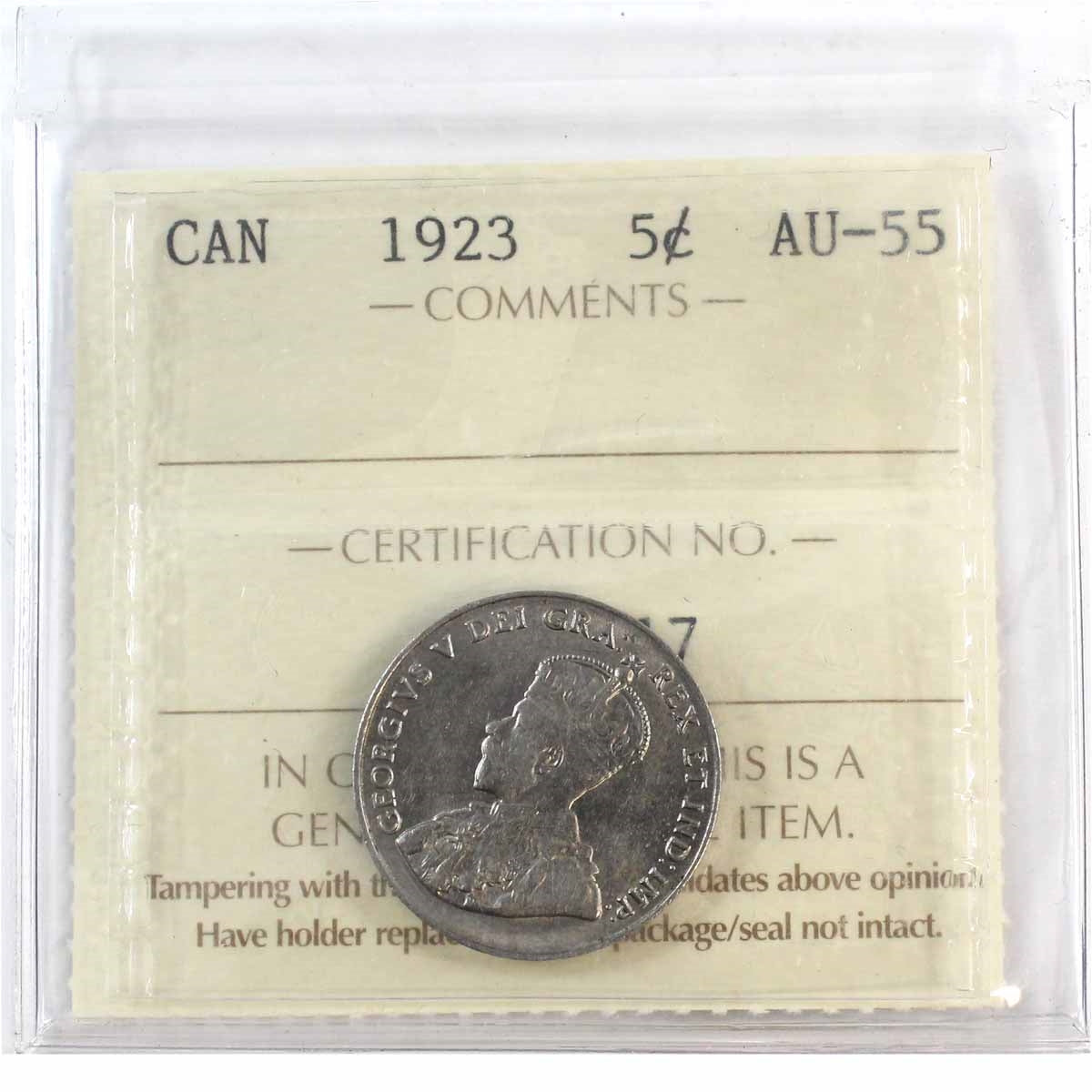 1923 Canada 5-cents ICCS Certified AU55