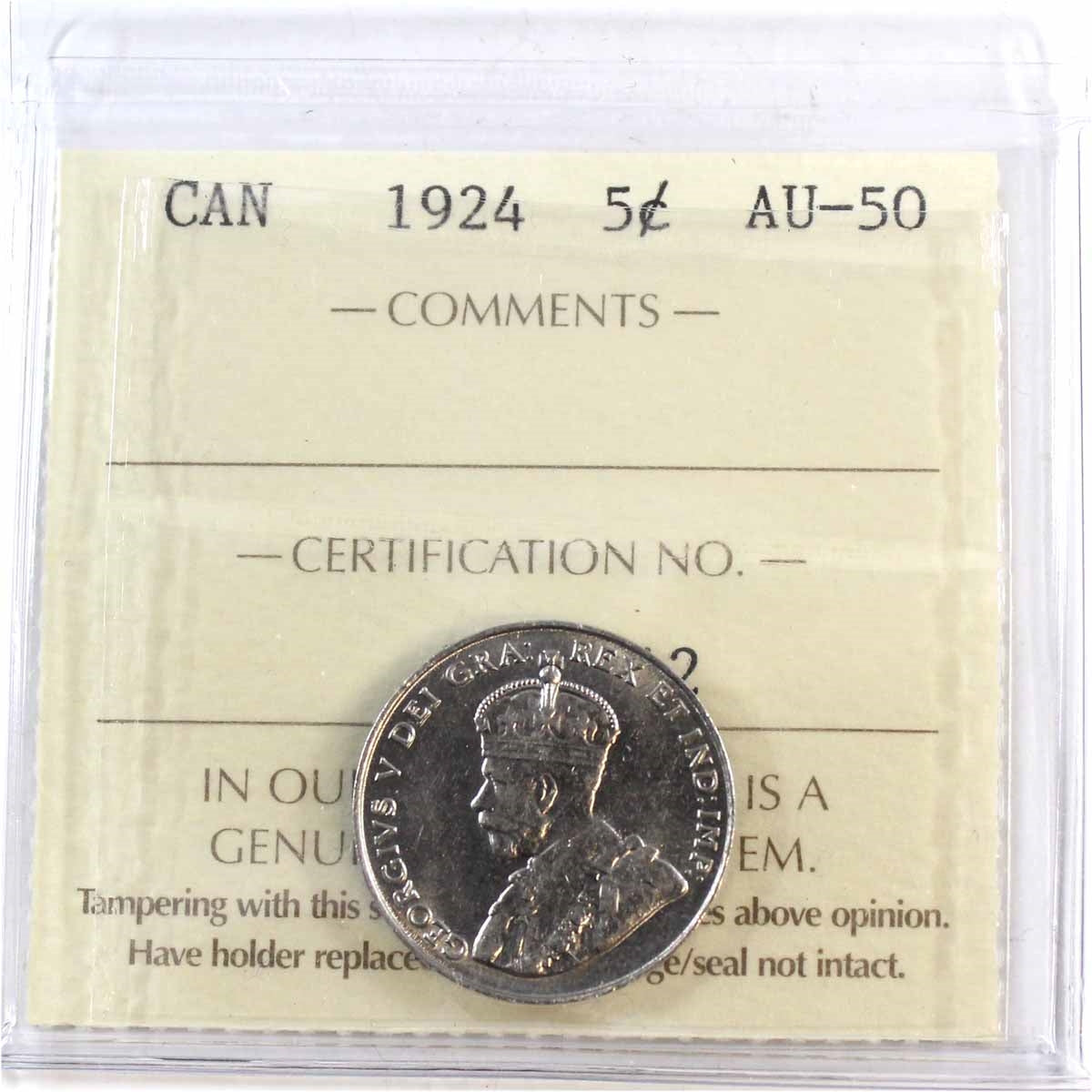 1924 Canada 5-cents ICCS Certified AU50
