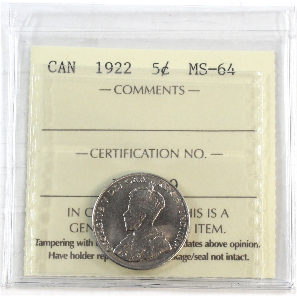 1922 Near Rim Canada 5-cents ICCS Certified MS64