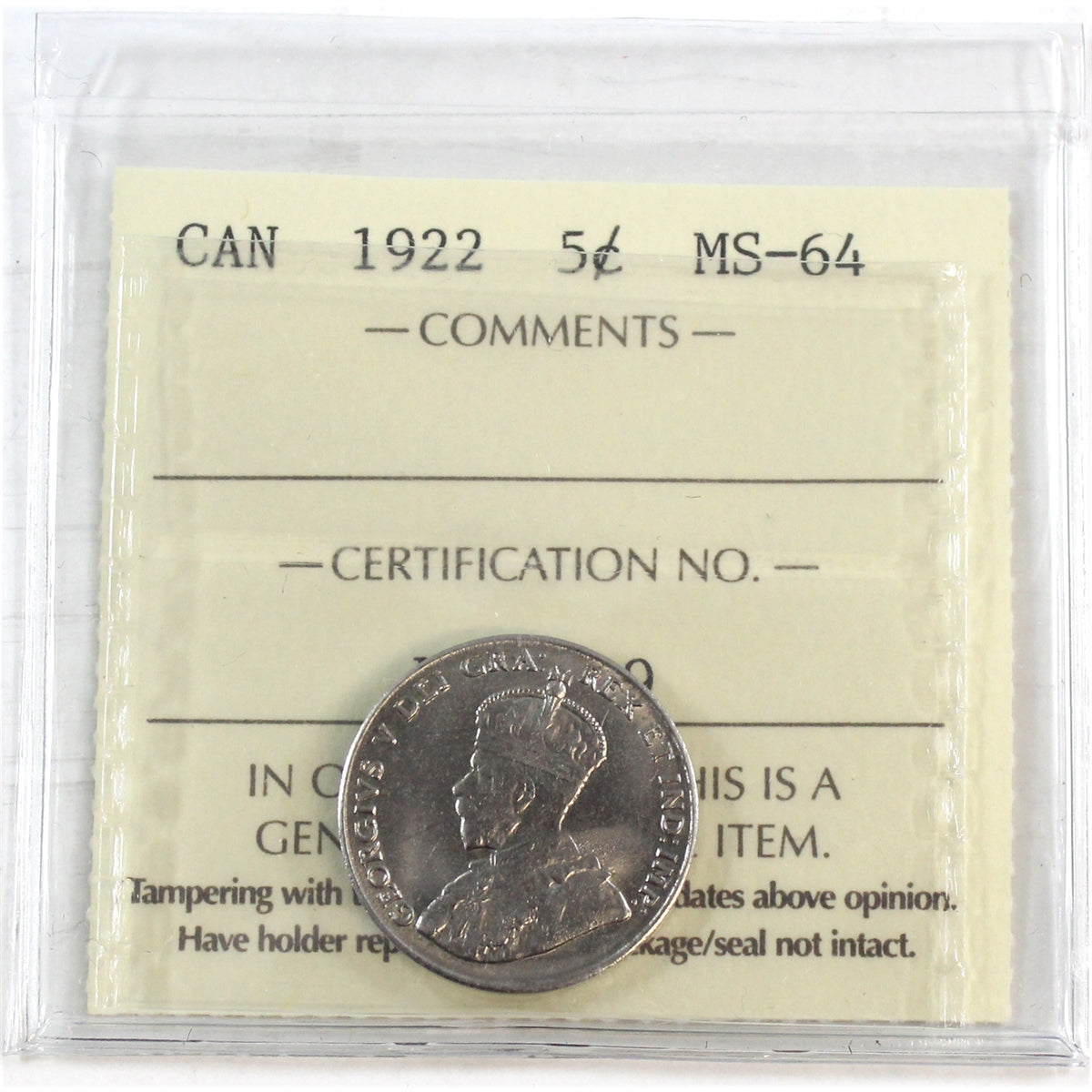 1922 Near Rim Canada 5-cents ICCS Certified MS64
